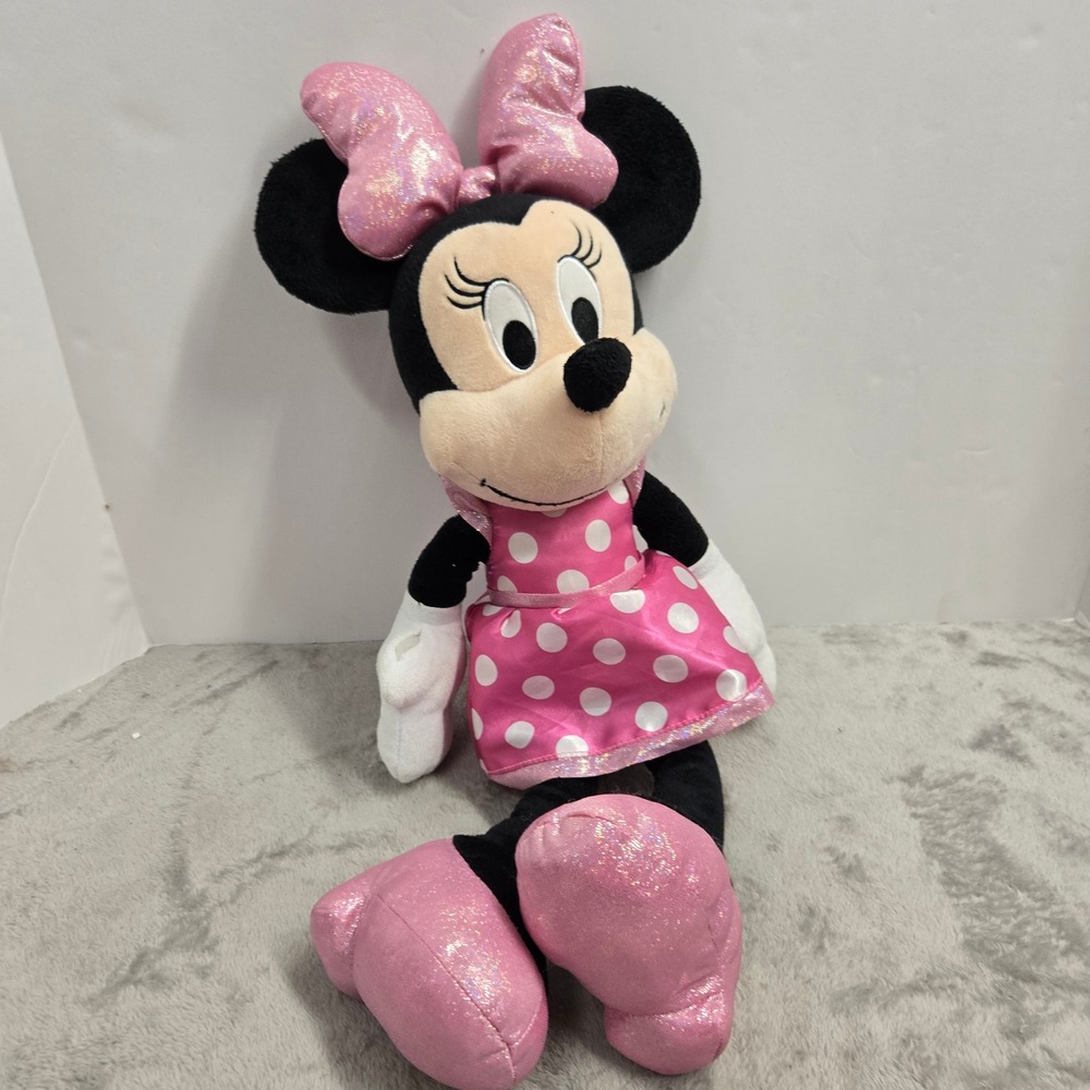 Disney Minnie Mouse Plush Pink Polka Dot Dress Shimmer Bow Just Play 19 Inch